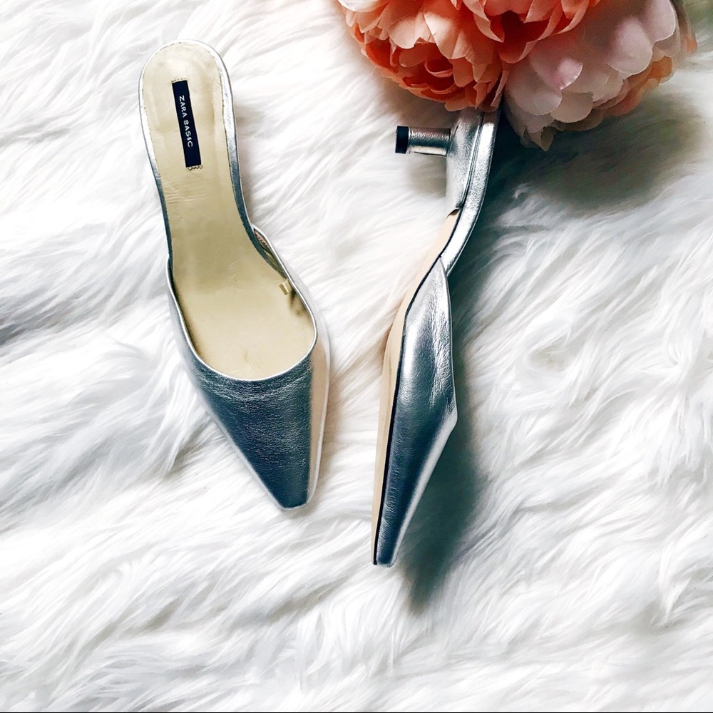 NWOT Zara Silver Metallic Slip On Mules Heels - Picture 4 of 6